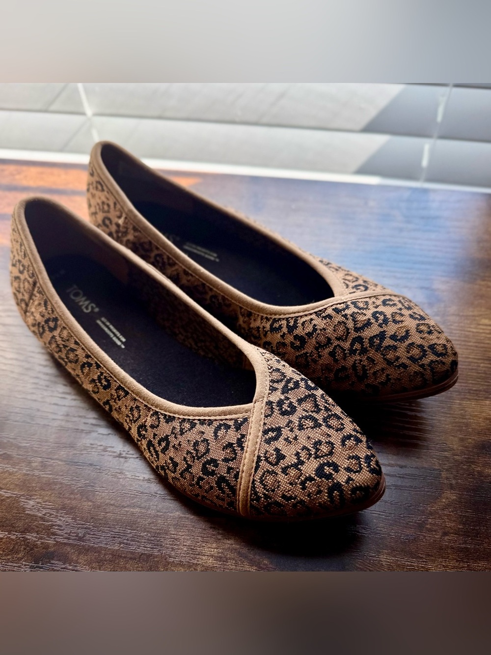 TOMS Katie Leopard Print Ballet Flats in Tan and Black